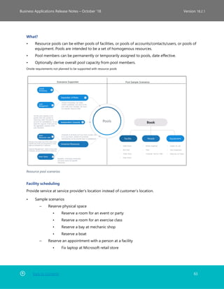 Back to Contents 63
Business Applications Release Notes – October ’18 Version 18.2.1
What?
• Resource pools can be either pools of facilities, or pools of accounts/contacts/users, or pools of
equipment. Pools are intended to be a set of homogenous resources.
• Pool members can be permanently or temporarily assigned to pools, date effective.
• Optionally derive overall pool capacity from pool members.
Onsite requirements not planned to be supported with resource pools
Resource pool scenarios
Facility scheduling
Provide service at service provider's location instead of customer’s location.
• Sample scenarios
– Reserve physical space
• Reserve a room for an event or party
• Reserve a room for an exercise class
• Reserve a bay at mechanic shop
• Reserve a boat
– Reserve an appointment with a person at a facility
• Fix laptop at Microsoft retail store
 