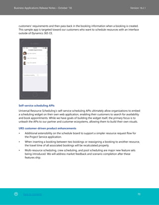 Back to Contents 70
Business Applications Release Notes – October ’18 Version 18.2.1
customers' requirements and then pass back in the booking information when a booking is created.
This sample app is targeted toward our customers who want to schedule resources with an interface
outside of Dynamics 365 CE.
Self-service scheduling APIs
Universal Resource Scheduling’s self-service scheduling APIs ultimately allow organizations to embed
a scheduling widget on their own web application, enabling their customers to search for availability
and book appointments. While we have goals of building the widget itself, the primary focus is to
unleash the APIs to our partner and customer ecosystems, allowing them to build their own visuals.
URS customer-driven product enhancements
• Additional extensibility on the schedule board to support a simpler resource request flow for
the Project Service application.
• When inserting a booking between two bookings or reassigning a booking to another resource,
the travel time of all associated bookings will be recalculated properly.
• Multi-resource scheduling, crew scheduling, and pool scheduling are major new feature sets
being introduced. We will address market feedback and scenario completion after these
features ship.
 