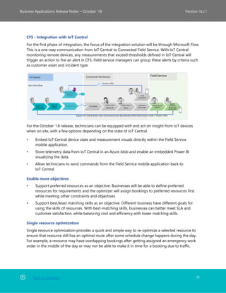 Back to Contents 71
Business Applications Release Notes – October ’18 Version 18.2.1
CFS - Integration with IoT Central
For the first phase of integration, the focus of the integration solution will be through Microsoft Flow.
This is a one-way communication from IoT Central to Connected Field Service. With IoT Central
monitoring remote devices, any measurements that exceed thresholds defined in IoT Central will
trigger an action to fire an alert in CFS. Field service managers can group these alerts by criteria such
as customer asset and incident type.
For the October '18 release, technicians can be equipped with and act on insight from IoT devices
when on site, with a few options depending on the state of IoT Central.
• Embed IoT Central device state and measurement visuals directly within the Field Service
mobile application.
• Store telemetry data from IoT Central in an Azure blob and enable an embedded Power BI
visualizing the data.
• Allow technicians to send commands from the Field Service mobile application back to
IoT Central.
Enable more objectives
• Support preferred resources as an objective: Businesses will be able to define preferred
resources for requirements and the optimizer will assign bookings to preferred resources first
while meeting other constraints and objectives.
• Support best/least matching skills as an objective: Different business have different goals for
using the skills of resources. With best-matching skills, businesses can better meet SLA and
customer satisfaction, while balancing cost and efficiency with lower matching skills.
Single resource optimization
Single resource optimization provides a quick and simple way to re-optimize a selected resource to
ensure that resource still has an optimal route after some schedule change happens during the day.
For example, a resource may have overlapping bookings after getting assigned an emergency work
order in the middle of the day or may not be able to make it in time for a booking due to traffic.
 