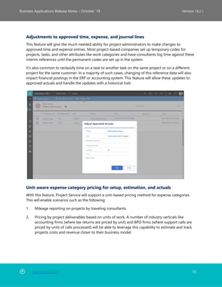 Back to Contents 73
Business Applications Release Notes – October ’18 Version 18.2.1
Adjustments to approved time, expense, and journal lines
This feature will give the much-needed ability for project administrators to make changes to
approved time and expense entries. Most project-based companies set up temporary codes for
projects, tasks, and other attributes like work categories and have consultants log time against these
interim references until the permanent codes are set up in the system.
It's also common to reclassify time on a task to another task on the same project or on a different
project for the same customer. In a majority of such cases, changing of this reference data will also
impact financial postings in the ERP or accounting system. This feature will allow these updates to
approved actuals and handle the updates with a historical trail.
Unit-aware expense category pricing for setup, estimation, and actuals
With this feature, Project Service will support a unit–based pricing method for expense categories.
This will enable scenarios such as the following:
1. Mileage reporting on projects by traveling consultants.
2. Pricing by project deliverables based on units of work. A number of industry verticals like
accounting firms (where tax returns are priced by unit) and BPO firms (where support calls are
priced by units of calls processed) will be able to leverage this capability to estimate and track
projects costs and revenue closer to their business model.
 