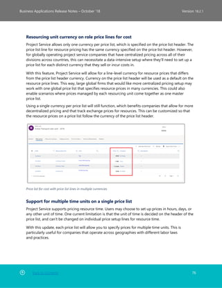 Back to Contents 76
Business Applications Release Notes – October ’18 Version 18.2.1
Resourcing unit currency on role price lines for cost
Project Service allows only one currency per price list, which is specified on the price list header. The
price list line for resource pricing has the same currency specified on the price list header. However,
for globally operating project service companies that have centralized pricing across all of their
divisions across countries, this can necessitate a data-intensive setup where they'll need to set up a
price list for each distinct currency that they sell or incur costs in.
With this feature, Project Service will allow for a line-level currency for resource prices that differs
from the price list header currency. Currency on the price list header will be used as a default on the
resource price lines. This way, large global firms that would like more centralized pricing setup may
work with one global price list that specifies resource prices in many currencies. This could also
enable scenarios where prices managed by each resourcing unit come together as one master
price list.
Using a single currency per price list will still function, which benefits companies that allow for more
decentralized pricing and that track exchange prices for resources. This can be customized so that
the resource prices on a price list follow the currency of the price list header.
Price list for cost with price list lines in multiple currencies
Support for multiple time units on a single price list
Project Service supports pricing resource time. Users may choose to set up prices in hours, days, or
any other unit of time. One current limitation is that the unit of time is decided on the header of the
price list, and can't be changed on individual price setup lines for resource time.
With this update, each price list will allow you to specify prices for multiple time units. This is
particularly useful for companies that operate across geographies with different labor laws
and practices.
 