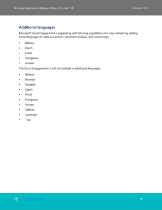 Back to Contents 80
Business Applications Release Notes – October ’18 Version 18.2.1
Additional languages
Microsoft Social Engagement is expanding with listening capabilities into new markets by adding
more languages for data acquisition, sentiment analysis, and custom tags:
• Bahasa
• Czech
• Hindi
• Hungarian
• Korean
The Social Engagement UI will be localized in additional languages:
• Bahasa
• Bosnian
• Croatian
• Czech
• Hindi
• Hungarian
• Korean
• Serbian
• Slovenian
• Thai
 