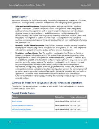 Back to Contents 82
Business Applications Release Notes – October ’18 Version 18.2.1
Better together
Microsoft is improving the digital workspace by streamlining the power and experiences of business
applications, allowing business users to be more efficient while navigating across applications.
• Sales and service integrations. Seamless integrations leverage the CDS data integrator
support scenarios for Customer Service and Finance and Operations. These integrations
continue to bring new experiences such as project-based travel expenses, work breakdown
structure support to manage planning, and billing to support project managers. Field
technicians using Field Service have insight to the inventory information stored in Finance and
Operations, allowing them to update inventory levels and complete material transfer. In
addition, companies installing or servicing sold goods will benefit from visibility to the full sales
and service process.
• Dynamics 365 for Talent integration. The CDS data integrator provides two-way integration
for employees who are using Finance and Operations and Dynamics 365 for Talent. Employees
will experience a seamless transition as data is shared between these systems.
• Regulatory configuration service. The regulatory configuration tool (known as Electronic
Reporting) is now an independent service. This service allows partners and customers using
multiple versions of Finance and Operations and earlier Microsoft Dynamics AX versions (such
as AX 2012 and AX 2009, for India only) to configure regulatory features only once and use one
common service for various versions. The regulatory configuration service targets a no-code
programming approach, allowing power users to configure frequently changed legal
requirements for regulatory reports, e-invoices, payment formats, and tax rules, rather than
writing code in multiple applications. Regulatory configuration service is the first component of
regulatory services, providing regulatory functionality that can be integrated with any business
application. This service allows developers building applications to focus on their core
functionality rather than worrying about meeting the increasing number of legal requirements
around the globe.
Summary of what's new in Dynamics 365 for Finance and Operations
This topic lists the features planned for release in Microsoft for Finance and Operations between
October 2018 and March 2019.
Planned financial features
Feature Release type Target release month
Dual currency General Availability October 2018
View settlement transactions General Availability October 2018
Global number sequences General Availability October 2018
 