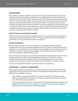 Back to Contents 89
Business Applications Release Notes – October ’18 Version 18.2.1
Sealed bidding
The request for quotation capabilities will be enhanced to support sealed bidding. A vendor can
enter and submit a bid including .pdf attachments via a dedicated form in vendor collaborating
interface. The bid will not be visible in the context of the RFQ that the procurement personnel have
access to. The bid is stored encrypted. Only the contact person registered as a vendor contact and
having the required role permissions can access the bid before it is unsealed. The procurement
personnel can unseal the bids after the expiration date, and from that point can see the vendor's bid
in context of the RFQ. Any user action that reads or writes in the bid before the expiration date will
be logged for audit purposes and that information will be available to the vendor and also to the
procurement personnel when the bid is unsealed.
Unit of measure conversion for variant
Uptake throughout the warehouse management system, this functionality will provide support for
configuring unique physical dimensions and unit of measure (UOM) conversions at the product
variant level. Currently, only the few scenarios are supported.
Russian localization
Microsoft Dynamics 365 for Finance and Operations now supports mandatory regulatory
requirements in Russia (for on-premises deployment only). The October '18 release of the Russian
localization covers the following functional areas: accounts payable/accounts receivable, advanced
holders, bank and cash, fixed assets, general ledger, financial reporting, electronic reporting,
inventory, tax registers, addresses/FIAS, and VAT.
The remaining Russian localization functionalities are targeted for general availability by the end of
calendar year 2018, including: cash flow management, alcohol sales declaration, inventory
management enhancements: bailment, goods in transit, optional posting of transfer orders,
inventory owner, third-party miscellaneous charges, and tax declarations in electronic format.
The plan for Russia Retail localization and Russian Payroll is not available yet.
Globalization – enhanced configurability
Configurability of features lets partners and customers do extensions and customizations without
coding. We continue to extend both the depth and the breadth of configurability and added the
following new capabilities in this area:
• Static validations and dynamic performance rules for configuration. This feature prevents
performance degradation when partners or customers customize configurations and guide
users while doing such customizations.
• Automatic comparison of electronic reporting format executions with baselines defined in task
guides, which provides us and our partners and customers with automatic test capabilities.
These tests focus on business users rather than engineers.
 