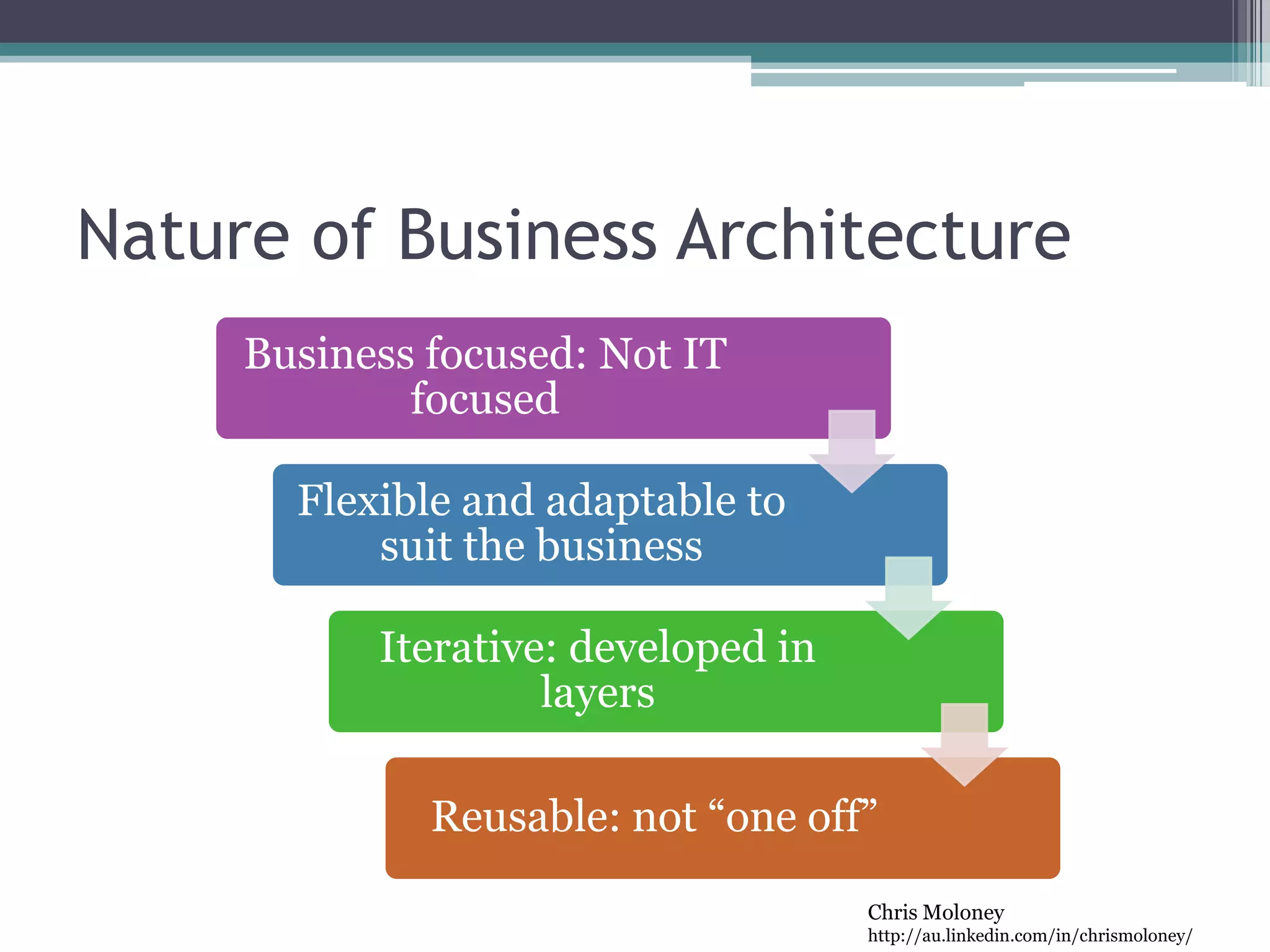 Chris Moloney
http://au.linkedin.com/in/chrismoloney/
Nature of Business Architecture
Business focused: Not IT
focused
Flexible and adaptable to
suit the business
Iterative: developed in
layers
Reusable: not “one off”
 