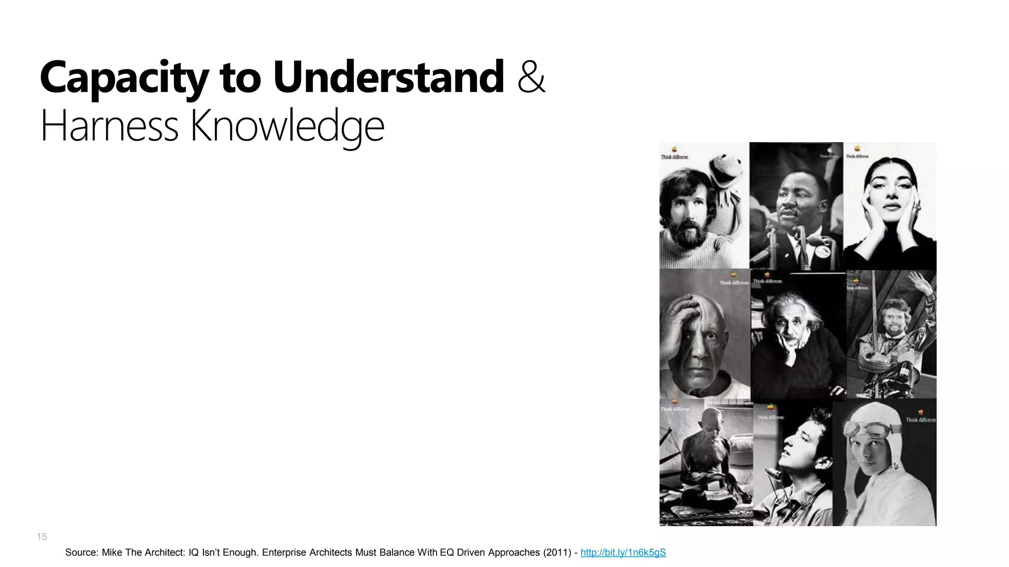 Capacity to Understand &
Harness Knowledge

15
Source: Mike The Architect: IQ Isn’t Enough. Enterprise Architects Must Balance With EQ Driven Approaches (2011) - http://bit.ly/1n6k5gS

 