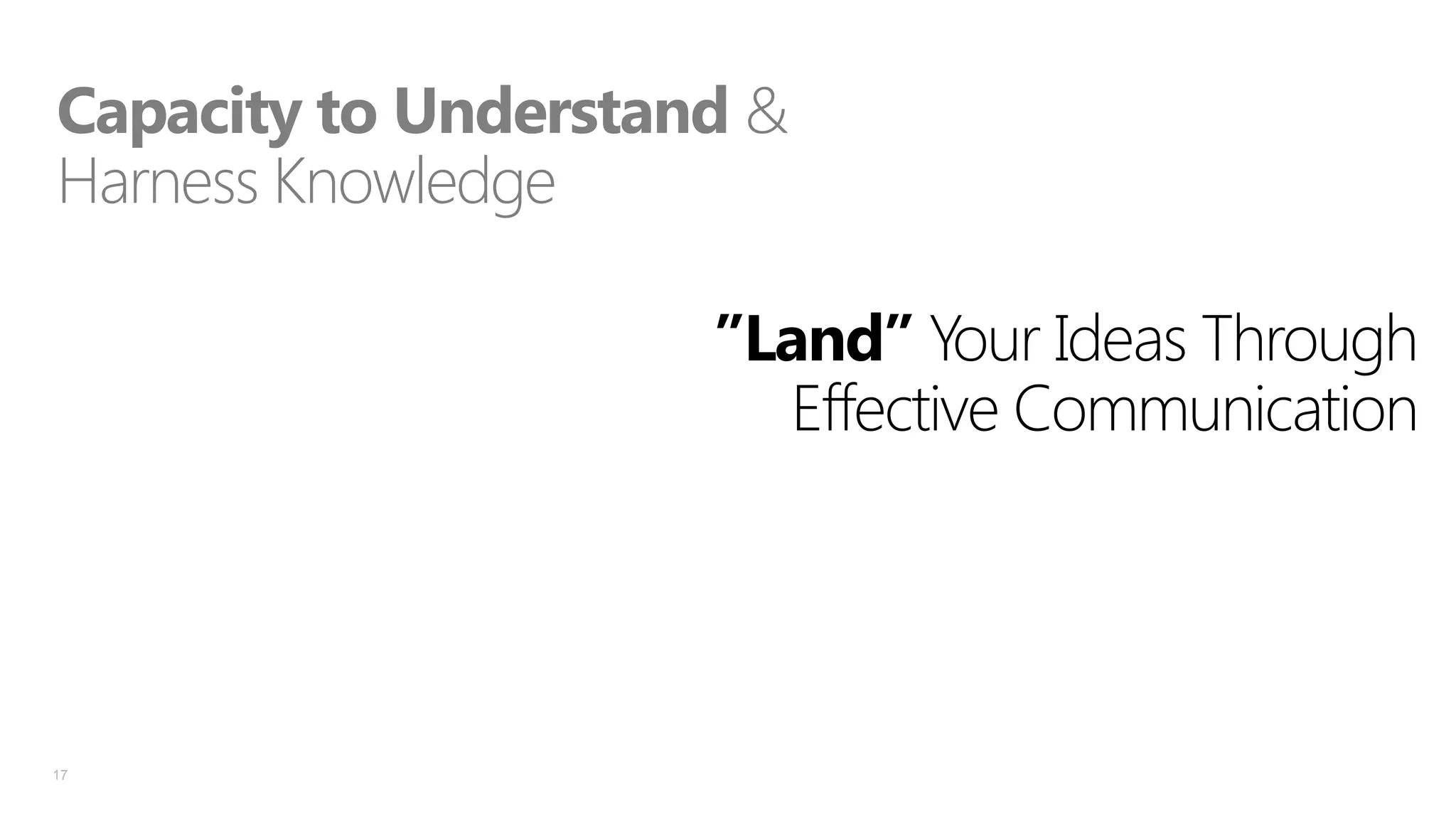 Capacity to Understand &
Harness Knowledge
”Land” Your Ideas Through
Effective Communication

17

 