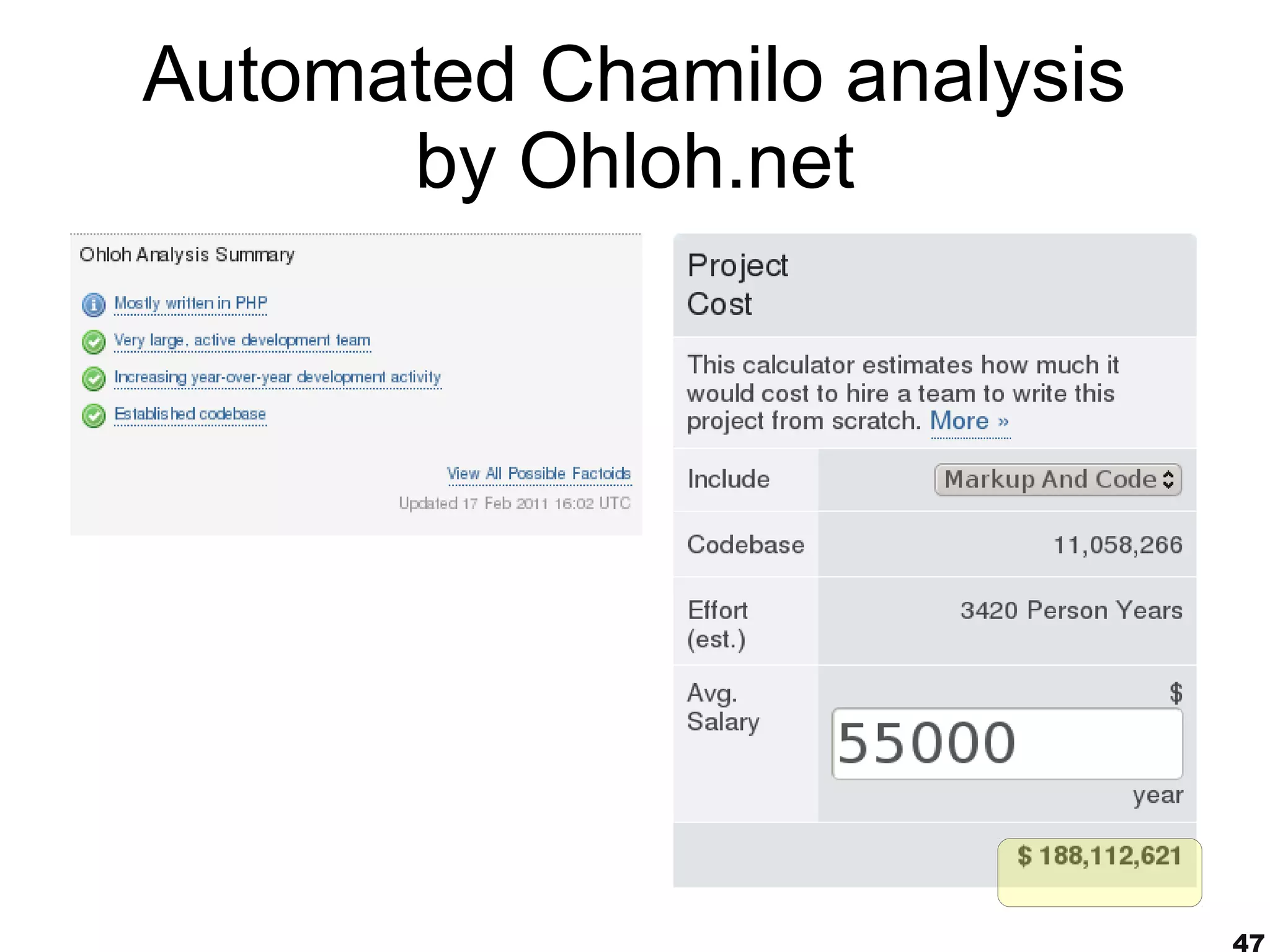 Automated Chamilo analysis
      by Ohloh.net




                             47
 