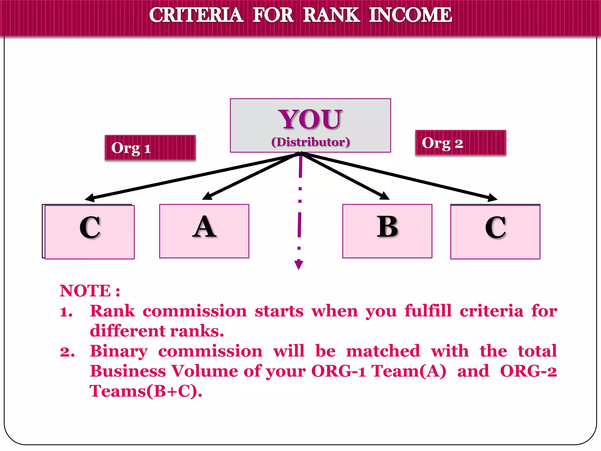 A B
YOU
(Distributor)
BLANK BLANKC
NOTE :
1. Rank commission starts when you fulfill criteria for
different ranks.
2. Binary commission will be matched with the total
Business Volume of your ORG-1 Team(A) and ORG-2
Teams(B+C).
C
Org 1 Org 2
 