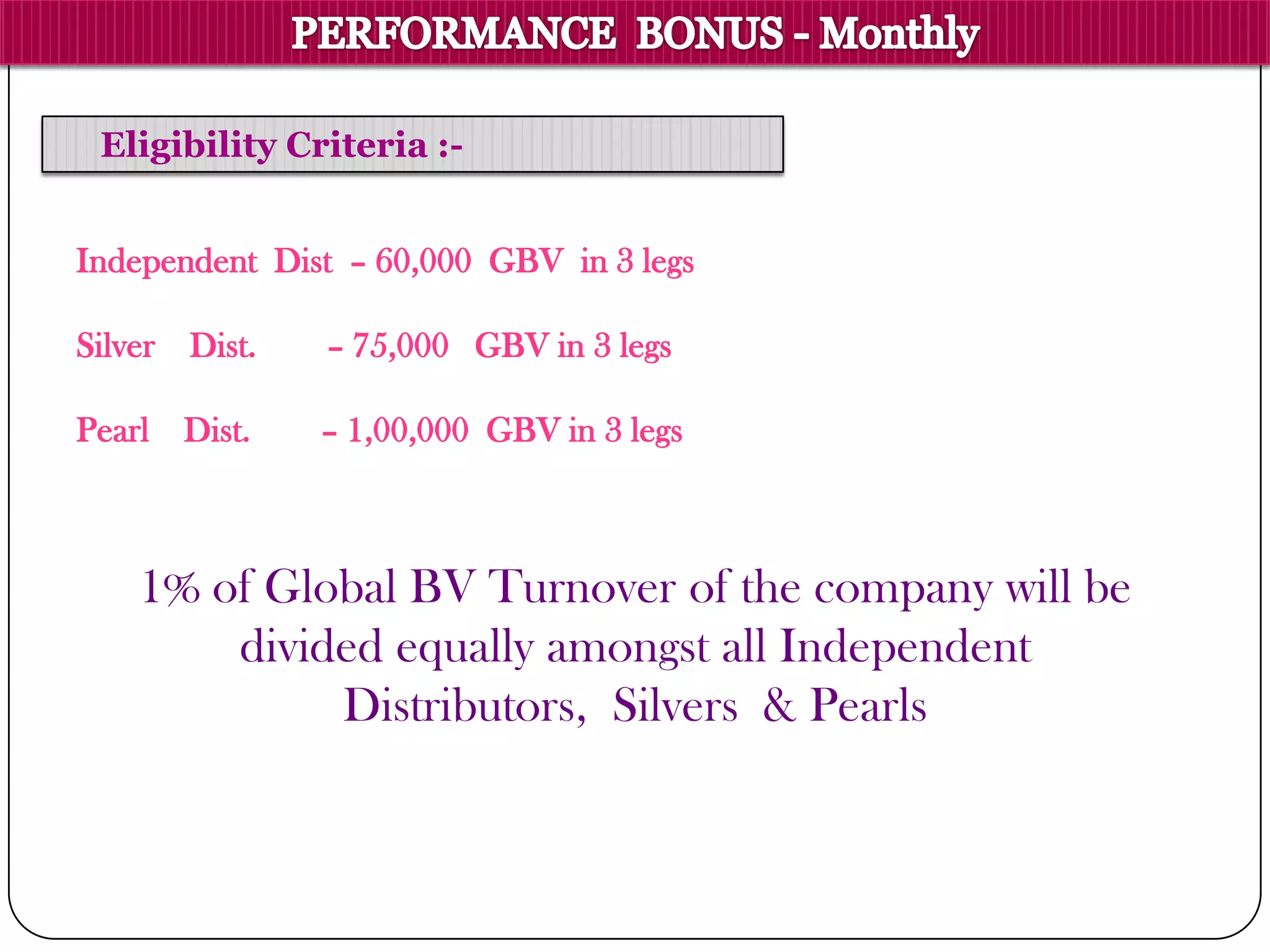 Independent Dist – 60,000 GBV in 3 legs
Silver Dist. – 75,000 GBV in 3 legs
Pearl Dist. – 1,00,000 GBV in 3 legs
Eligibility Criteria :-
1% of Global BV Turnover of the company will be
divided equally amongst all Independent
Distributors, Silvers & Pearls
 