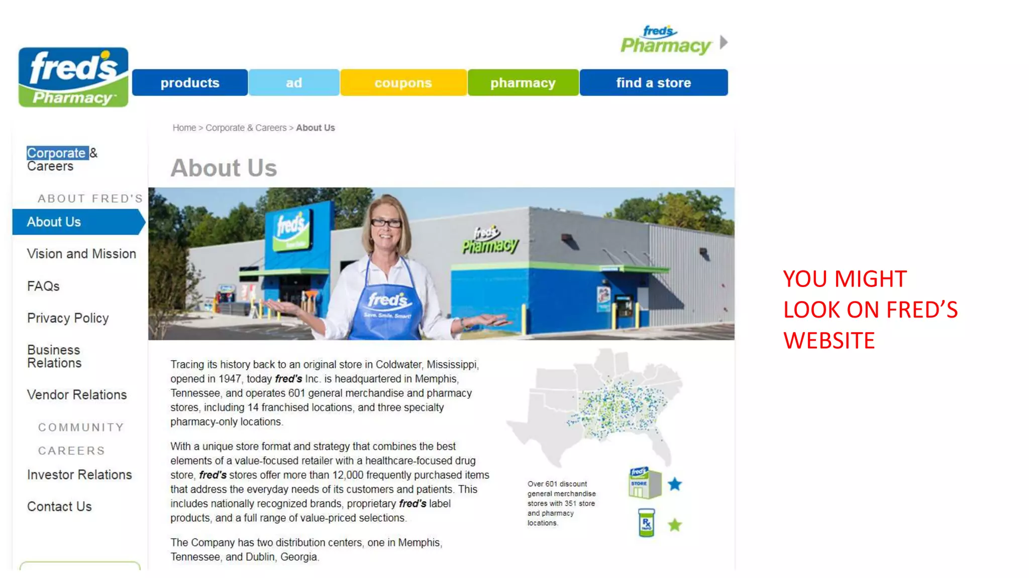 YOU MIGHT
LOOK ON FRED’S
WEBSITE
 