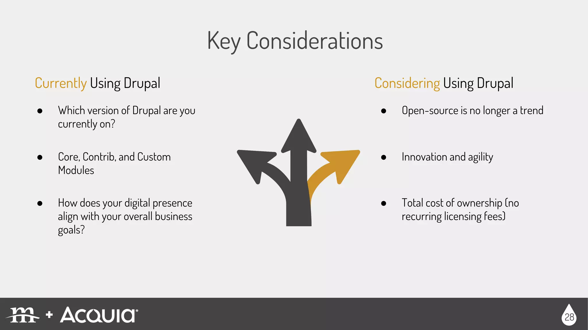 Key Considerations
● Which version of Drupal are you
currently on?
● Core, Contrib, and Custom
Modules
● How does your digital presence
align with your overall business
goals?
28
Currently Using Drupal
● Open-source is no longer a trend
● Innovation and agility
● Total cost of ownership (no
recurring licensing fees)
Considering Using Drupal
 