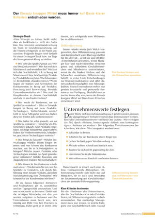 Der Einsatz knapper Mittel muss immer auf Basis klarer
Kriterien entschieden werden.




Strategie-Check                                   darum, sich erfolgreich vom Mitbewer-
«Eine Strategie zu haben, heißt nicht,            ber zu differenzieren.
dass sie funktioniert», stellt der Autor
klar. Eine intensive Auseinandersetzung           Differenzierung
im Team ist Grundvoraussetzung, um
                                                    Immer wieder wurde Jack Welch vor-
die Theorie erfolgreich in die Praxis um-
                                                  geworfen, dass Differenzierung grausam
zusetzen. Folgende Fragen sind deshalb
                                                  und darwinistisch wäre. Das Gegenteil ist
für einen Strategie-Check bzw. im Zuge
                                                  für ihn der Fall – sie ist fair und effektiv:
der Strategieentwicklung zu stellen:
                                                  «Unternehmen gewinnen, wenn Mana-
   l	Wie	sieht	das	Spielfeld	gerade	aus?	Wer	     ger klar und nachvollziehbar zwischen
sind	Ihre	Konkurrenten?	– Wer hat welchen         guten und schlechten Geschäftsberei-
Marktanteil und wo stehen Sie? Wie lässt          chen und Mitarbeitern unterscheiden,
sich das Geschäftsfeld, z. B. in Bezug auf        wenn sie die Starken fördern und die            Die Starken fördern und
Massenwaren bzw. hochwertige Produk-              Schwachen aussieben». Differenzierung           die Schwachen aussieben
te, Produktlebenszyklus, Wachstumskur-            betrifft in erster Linie Entscheidungen
ve, Rentabilität, charakterisieren? Worin         zur Ressourcenallokation und zählt da-
liegen die Stärken und Schwächen der              mit zu den Kernaufgaben von Führungs-
Konkurrenten in Bezug auf Produkte,               kräften. Jedem Unternehmen stehen nur
Forschung und Entwicklung, Vertrieb,              gewisse finanzielle und personelle Res-
Unternehmenskultur etc.? Wer sind die             sourcen zur Verfügung. Deshalb kann es
Hauptkunden in diesem Geschäftsfeld               nur im Sinne aller sein, wenn der Einsatz
und wie ist das Kaufverhalten?                    knapper Mittel auf Basis klarer Kriterien
                                                  entschieden wird.
  l	Was	 macht	 die	 Konkurrenz,	 um	 das	
Spielfeld	zu	verändern?	– Gibt es Entwick-
lungen in Bezug auf neue Produkte,
Technologien, Vertriebskanäle u.ä.m.?                Unternehmenswerte festlegen
Gibt es neue Mitspieler und was haben
diese im letzten Jahr unternommen?                   D    amit Werte im Unternehmensalltag auch gelebt werden, müssen
                                                          die dazugehörigen Verhaltensweisen klar kommuniziert werden.
                                                     Einer der Unternehmenswerte von Bank One lautete: «Wir verfolgen
  l	Was	 haben	 Sie	 selbst	 gemacht,	 um	 das	
                                                     das Ziel, durch effiziente, herausragende Abläufe zum kostengüns-
Spielfeld	zu	verändern?	– Haben Sie ein Un-
                                                     tigsten Anbieter zu werden.» Die folgenden Verhaltensweisen be-
ternehmen gekauft, neue Produkte einge-
                                                     schreiben, wie dieser Wert umgesetzt werden kann:
führt, wichtige Mitarbeiter angeworben?
Haben Sie Wettbewerbsvorteile, Mitarbei-               l	Schlanker ist besser.
ter, geschützte Technologien verloren?
                                                       l	Schieben Sie der Bürokratie einen Riegel vor.
  l	Was	bringt	die	Zukunft?	–	Welche Ent-
                                                       l	Gehen Sie hart gegen Verschwendung vor.
wicklungen würden Ihnen Sorgen be-
reiten und was könnte ein Konkurrent                   l	Abläufe sollten schnell und einfach sein.
machen, um Sie in Schwierigkeiten zu
                                                       l	Rauben Sie sich nicht gegenseitig die Zeit.
bringen? Welche neuen Produkte oder
Technologien würden das Spiel grundle-                 l	Investieren Sie in die Infrastruktur.
gend verändern? Welche Fusionen und
                                                       l	Wir sollten unser Geschäft am besten kennen.
Akquisitionen würden Sie beeindrucken?
  l	Wie	können	Sie	Ihre	Konkurrenz	schach-
matt	setzen?	– Was können Sie tun, um das           Dazu braucht es jedoch auch eine of-
Spielfeld zu verändern, z. B. durch Ein-          fene, vertrauensvolle Atmosphäre. Dif-
führung eines neuen Produkts, globalere           ferenzierung bezieht sich nicht nur auf         Differenzierung bezieht
Marktbearbeitung, eine Übernahme? Wie             Menschen, sie ist auch und besonders            sich auf Menschen und
können Sie die Kundentreue erhöhen?               im Zusammenhang mit Geschäftsberei-             Geschäftsbereiche
                                                  chen ein zentrales Führungsprinzip.
  All die daraus folgenden Antworten
und Maßnahmen gilt es, unmittelbar
und im Tagesgeschäft umzusetzen. Und              Klare Kriterien bestimmen
um es nochmals zu betonen: Dafür sind             Für die «Hardware» des Unternehmens,
die richtigen Mitarbeiter mit den pas-            also die Geschäftsbereiche oder Produkt-
senden Aufgaben zu betrauen und das               linien, ist Differenzierung relativ einfach
Unternehmen muss bereit sein, sich                anzuwenden. Das zuständige Manage-
ständig mit Hilfe von Best Practices zu           ment muss nur wissen, in welche Kate-
verbessern. Dabei geht es in erster Linie         gorie ein Geschäftsbereich fällt. Darauf


Nr. 416                                                                                                   businessbestsellersummaries 3
 