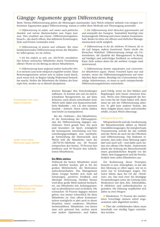 Gängige Argumente gegen Differenzierung
      Beim Thema Differenzierung gehen die Meinungen auseinander. Jack Welch erläutert anhand von einigen ver-
      breiteten Argumenten gegen Differenzierung, warum er selbst diese Methode mit Überzeugung anwendet:
        l	Differenzierung	 ist	 unfair,	 weil	 immer	 auch	 politisches	     l	Die	 Differenzierung	 hetzt	 Menschen	 gegeneinander	 auf	
      Handeln	 und	 interne	 Machenschaften	 zum	 Tragen	 kom-             und	 untergräbt	 den	 Teamgeist. Teamarbeit benötigt eine
      men. Dies resultiert aus einem «Differenzierungsmiss-                herausragende Führung und einen starken Zusammen-
      brauch», der durch offene, klar definierte Erwartungen,              halt. Beides ist ohne ein offenes und ehrliches Manage-
      Ziele und Fristen vermieden wird.                                    mentsystem nicht möglich.

        l	Differenzierung	 ist	 gemein	 und	 schikanös. Bei einer            l	Differenzierung	 ist	 für	 die	 mittleren	 70	 Prozent,	 die	 in	
      funktionierenden Differenzierung wissen die Mitarbei-                der	 Luft	 hängen,	 äußerst	 frustrierend. Darin steckt ein
      ter selbst genau, wo sie stehen.                                     Körnchen Wahrheit. Differenzierung zwingt ein Un-
                                                                           ternehmen, die Qualität des Managements in Bezug
        l	Ich	 bin	 einfach	 zu	 nett,	 um	 «20/70/10»	 einzuführen.	      auf häufiges und aufrichtiges Feedback zu verbessern.
      Der Schutz schwacher Mitarbeiter durch Vermeidung                    Klare Ziele wirken dann für die mittlere Gruppe stark
      offener Worte ist ein Betrug an diesen Mitarbeitern.                 motivierend.
         l	Differenzierung	kann	aufgrund	anderer	kultureller	Wer-            l	Differenzierung	 kommt	 zupackenden	 und	 extrovertier-
      te	in	meinem	Land	nicht	erfolgreich	eingeführt	werden. Klare         ten	 Mitarbeitern	 zugute. Dieses Vorurteil kann nur real
      Bewertungssysteme setzen sich in jedem Land durch,                   werden, wenn die Differenzierungskriterien auf einer
      auch wenn sich zu Beginn häufig Widerstand bemerk-                   falschen Basis stehen. Benötigt ein Unternehmen eher
      bar macht. Stellen die Mitarbeiter die Stärken des Kon-              ruhige Arbeitsweisen, so muss es auch entsprechende
      zepts fest, werden sie es überall akzeptieren.                       Differenzierungskriterien entwickeln.


                                           können Manager ihre Entscheidungen                   auch Erfolg, wenn sie ihre Stärken und
                                           aufbauen. Es kommt also auf ein durch-               Begabungen dort besser einsetzen kön-
                                           schaubares Bezugssystem an, auf klare                nen. Wenn eine Führungskraft die bes-
  Entscheiden Sie nach                     Kriterien, nach denen entschieden wird.              ten Leute für ihr Team haben will, dann
  klaren Kriterien                         Welch sieht dabei rein finanzwirtschaft-             muss sie mit der Differenzierung arbei-
                                           liche Maßstäbe – wie z. B. den internen              ten. Es gibt kein anderes System, das
                                           Zinsfuß – kritisch. Denn solche Zahlen               diese Aufgabe klarer, fairer und schneller
                                           sind leicht zu manipulieren.                         erfüllt, ist Jack Welch überzeugt.
                                              Bei der «Software», den Mitarbeitern,
                                           ist die Anwendung des Führungsprin-                  Mitspracherecht
                                           zips der Differenzierung dagegen um-                    Mitspracherecht und die Anerkennung
                                           strittener. Doch gerade hier, wie auch               der Menschenwürde zählen zu Welchs
                                           und besonders im Sport, ermöglicht                   Grundüberzeugungen. Sie sind gleichsam
                                           die konsequente Anwendung von Ent-                   Voraussetzung sowohl für das Leitbild
                                           scheidungsgrundlagen eine nachhalti-                 und die Werte als auch für die Offenheit
                                           ge Entwicklung der Mannschaft. Jack                  und Differenzierung. Das bedeutet ei-
  Jeder muss seine                         Welch teilt die Mitarbeiter nach der                 nerseits, dass jeder seine Meinung sagen
  Meinung sagen dürfen                     «20/70/10»-Methode ein. 20 Prozent                   darf und auch soll – und dafür auch im-
                                           entsprechen den besten, 70 Prozent den               mer ein offenes Ohr findet. Andererseits
                                           mittleren und 10 Prozent den schlech-                drückt die Achtung der Menschenwürde
                                           testen Mitarbeitern.                                 einen grundsätzlichen Respekt vor der
                                                                                                Arbeit, dem Engagement und der Persön-
                                                                                                lichkeit eines jeden Mitarbeiters aus.
                                           Die Mitte stärken
                                           Während die besten Mitarbeiter meist                   Zur Realisierung dieser Prinzipien
                                           mehr belohnt werden, gilt es bei der                 braucht es eine Atmosphäre, in der alle
                                           großen Mittelschicht, die Motivation                 ihre Meinung so offen sagen, wie sie es
                                           aufrechtzuerhalten. Das Management                   sonst nur in Schulungen wagen. Der
                                           dieser Gruppe bezieht sich stark auf                 Autor führte dazu bei GE die «Work-
                                           Schulungen, positives Feedback und                   outs» ein. Das sind zwei- bis dreitägige
                                           überlegte Zielsetzung. Darüber hinaus                Veranstaltungen unter der Leitung eines
                                           wird diese große Mitte laufend beobach-              Moderators mit dem Ziel, Arbeitsabläu-
  Identifizieren und fördern               tet, um Mitarbeiter mit Aufstiegspoten-              fe effektiver und unbürokratischer zu
  Sie Mitarbeiter mit                      zial zu identifizieren und zu fördern. Die           gestalten. Die Führung verpflichtet sich
  Aufstiegspotenzial                       schwachen 10 Prozent dagegen müssen                  dabei zu zwei Dingen:
                                           gehen, was immer schrecklich für diese
                                                                                                  l	Mindestens 75 Prozent der erarbei-
                                           Mitarbeiter ist. Eine offene Kommuni-
                                                                                                teten Vorschläge müssen sofort ange-
                                           kation ermöglicht es aber auch in dieser
                                                                                                nommen oder abgelehnt werden.
                                           Situation, einen «sauberen» Abschluss
                                           herbeizuführen. Mitarbeiter, von denen                 l	Über die verbleibenden Ideen muss
                                           man sich getrennt hat, suchen meist                  innerhalb von dreißig Tagen entschie-
                                           eine andere «Spielwiese» und haben                   den werden.


4 businessbestsellersummaries                                                                                                                Nr. 416
 