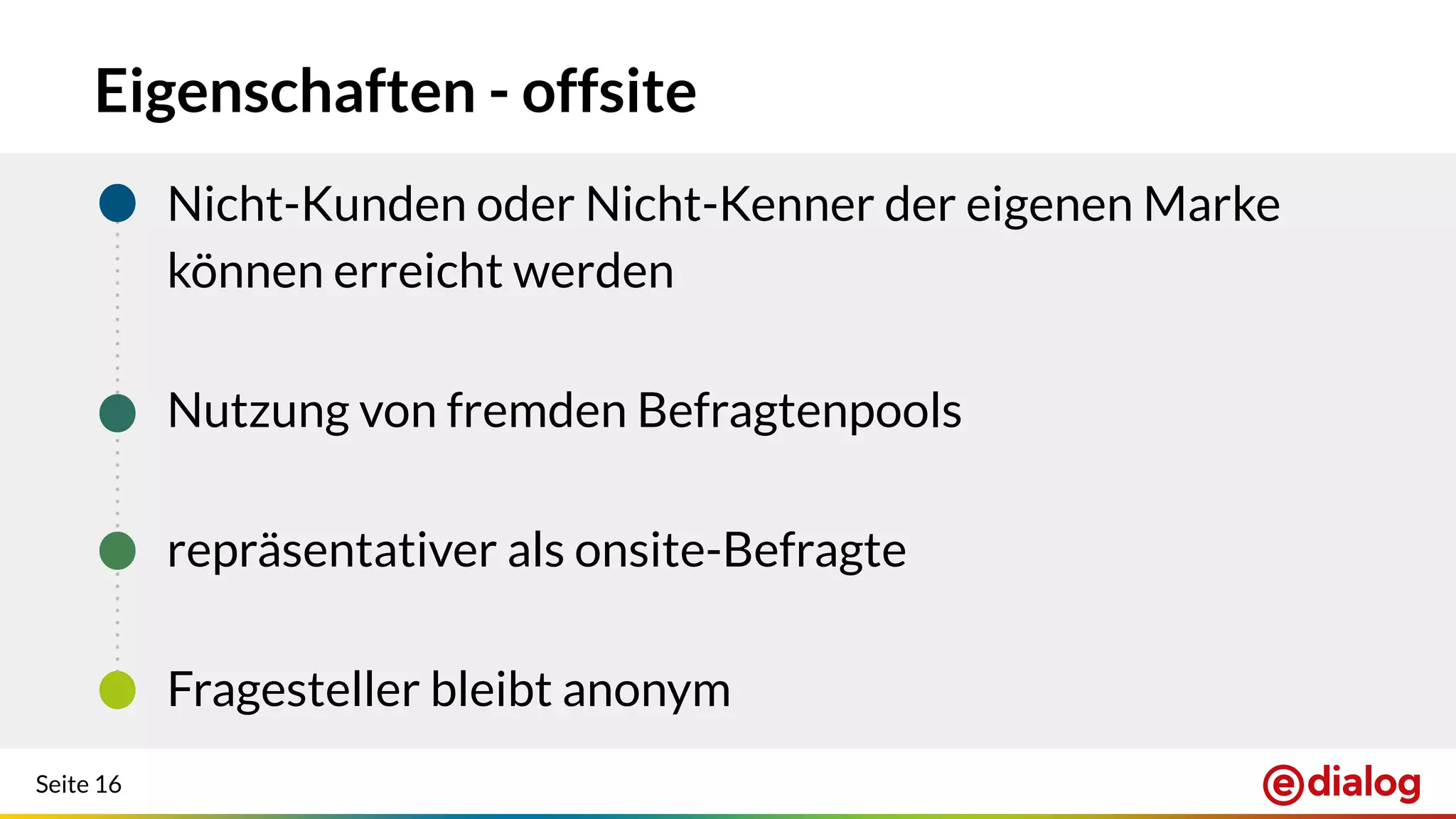 Seite 16
Eigenschaften - offsite
+ Nicht-Kunden oder Nicht-Kenner der eigenen Marke
können erreicht werden
+ Nutzung von fremden Befragtenpools
+ repräsentativer als onsite-Befragte
+ Fragesteller bleibt anonym
 