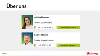 Seite 2
Über uns
Kristina Niederer
Head of Digital Analytics
niederer@e-dialog.at+43-1-309 09 09-35
Siegfried Stepke
Gründer, Strategic Projects
stepke@e-dialog.at+43-1-309 09 09
 