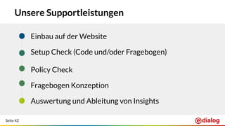 Seite 42
Unsere Supportleistungen
Einbau auf der Website
Setup Check (Code und/oder Fragebogen)
Policy Check
Fragebogen Konzeption
Auswertung und Ableitung von Insights
 