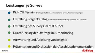 Seite 43
Leistungen je Survey
Kick Off Termin: Brieﬁng, Ziele, Filter, Audiences, Panel-Größe, Rahmenbedingungen
Erstellung Fragenkatalog durch unsere Marktforschungs-Experten inkl. 1 Schleife
Erstellung des Surveys im MaFo Tool
Durchführung der Umfrage inkl. Monitoring
Auswertung und Ableitung von Insights
Präsentation und Diskussion der Abschlussdokumentation
 