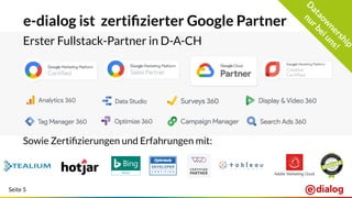Seite 5
e-dialog ist zertiﬁzierter Google Partner
Erster Fullstack-Partner in D-A-CH
Sowie Zertiﬁzierungen und Erfahrungen mit:
D
ataow
nership
nurbeiuns!
 
