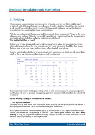 Business Breakthrough Marketing


6. Pricing
It is a common assumption that most people buy primarily on price, but this is not the case!
In fact only 15% of the population are price buyers. It is also a fact that this 15 % are the hardest
to sell to, so it’s probably best not to even try to! Many people will avoid buying the cheapest
product or service, assuming that cheap means inferior.

With the current economic background and the constant gloom mongers on TV and in the press
telling us how bad everything is, you would expect to see everyone driving the cheapest cars,
wearing the cheapest clothes, and going on the cheapest holiday?
The fact is that they are not!

Getting your pricing strategy right can be a tricky thing but in actual fact you should not be de-
ciding what price to charge for your product or service—your customers should be. This means
that you need to test your target audience to see where to pitch your pricing.

It can be tempting to sell at lower prices to attract more customers, but this is not advisable. Take
a look at the extra business you have to generate if you discount!

         Price     Gross Profit Margin
         Reduction
                   5       10      15     20      25       30        35     40       50
         in %
                   Volume increase in % for unchanged contribution
         2          67      25    15      11      9        7         6      5        4
         3          150     43    25      18      14       11        9      8        6
         4          400     67    36      25      19       15        13     11       9
         5                  100   50      33      25       20        17     14       11
         7.5                300   100     60      43       33        27     23       18
         10                       200     100     67       50        40     33       25
         15                               300     150      100       75     60       43


As an example if you are making an average profit of 20% and you decide to reduce your price by
just 5%, you will have to generate a staggering 33% more business just to maintain the same level
of income!

Seven Pricing Strategies for Maximum Profits.

1. Test a price increase.
Establish exactly how much your customers would actually pay for your product or service –
don’t just guess or assume. Most businesses under price themselves!

A 10% price increase on a sales item of £135 @ 35% margin is £48.60 – a profit increase of 39%.
Ensure you understand the elasticity of demand. Test another price increase and don’t stop
testing. It may not be possible to keep charging a higher price for the same product so look at
different ways of presenting or packing the offer.



Blue Eden - Tony Porter                                                          www.blue-eden.co.uk
 