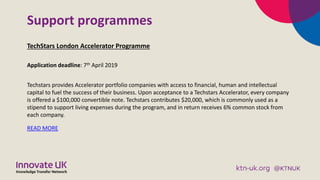 Support programmes
TechStars London Accelerator Programme
Application deadline: 7th April 2019
Techstars provides Accelera...