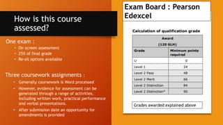 How is this course
assessed?
One exam :
• On screen assessment
• 25% of final grade
• Re-sit options available
Exam Board : Pearson
Edexcel
Three coursework assignments :
• Generally coursework is Word processed
• However, evidence for assessment can be
generated through a range of activities,
including written work, practical performance
and verbal presentations.
• After submission date an opportunity for
amendments is provided
Grades awarded explained above
 