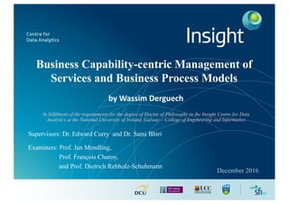 Business Capability-centric Management of
Services and Business Process Models
Supervisors: Dr. Edward Curry and Dr. Sami Bhiri
Examiners: Prof. Jan Mendling,
Prof. François Charoy,
and Prof. Dietrich Rebholz-Schuhmann
In fulfilment of the requirements for the degree of Doctor of Philosophy in the Insight Centre for Data
Analytics at the National University of Ireland, Galway – College of Engineering and Informatics
December 2016
by	Wassim Derguech
 