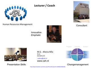 Lecturer / Coach   http://www.facebook.com/home.php?#!/profile.php?id=100000294084346   Human Resources Management Consultant Presentation Skills Changemanagement M.G.  Altena MSc Rinie 0633041225 [email_address]   www.cah.nl Innovative Emphatic 