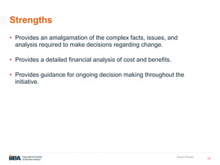 14
Insert Footer
Strengths
• Provides an amalgamation of the complex facts, issues, and
analysis required to make decisions regarding change.
• Provides a detailed financial analysis of cost and benefits.
• Provides guidance for ongoing decision making throughout the
initiative.
 