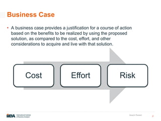 2
Insert Footer
Business Case
• A business case provides a justification for a course of action
based on the benefits to be realized by using the proposed
solution, as compared to the cost, effort, and other
considerations to acquire and live with that solution.
Cost Effort Risk
 