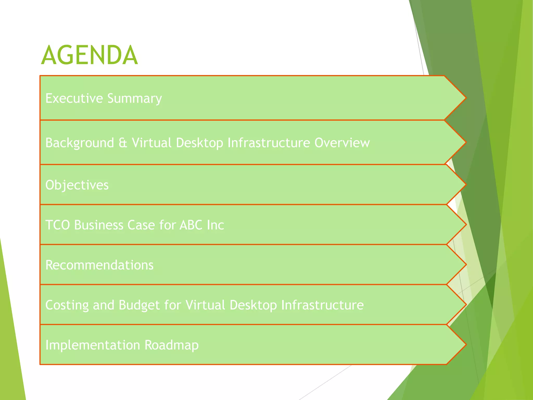 AGENDA
Background & Virtual Desktop Infrastructure Overview
TCO Business Case for ABC Inc
Costing and Budget for Virtual Desktop Infrastructure
Recommendations
Executive Summary
Objectives
Implementation Roadmap
 