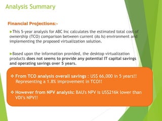 Analysis Summary
This 5-year analysis for ABC Inc calculates the estimated total cost of
ownership (TCO) comparison between current (As Is) environment and
implementing the proposed virtualization solution.
Based upon the information provided, the desktop virtualization
products does not seems to provide any potential IT capital savings
and operating savings over 5 years.
Financial Projections:-
 From TCO analysis overall savings : US$ 66,000 in 5 years!!
Representing a 1.8% improvement in TCO!!
 However from NPV analysis: BAU's NPV is US$216k lower than
VDI’s NPV!!
 