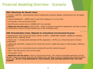 Financial Modeling Overview – Scenario
18
BAU (Business As Usual) Case:
Current: 1000 PCs - assuming that network engineering, executive laptops, marketing etc are not eligible
candidates
Lifecycle distribution – 200PCs each in each slot of ageing (1 yr to 5 yrs old)
YOY growth in PCs and IP ports @10%
New PCs also at some cost, ie, US$900 with 3 yrs warranty
Model the next five years in terms of PC – Capex on account of growth & replacement, and Opex in terms
of maintenance, power & cooling (needed even in user workspace area)
VDI Virtualization Case: Migrate to virtualized environment & grow
Starting Point: Each virtual host server (2Px4C, 2.4Ghz+, 128GB RAM, 4xGeNIC, 2xHBAs) to virtualize
existing 40 PCs- moderate sizing
Thumb rule >> Conservative estimates:32 PCs, Aggressive : 50 PCs, to a virtual host server of above
configuration
Additionally need SAN+ storage for the virtual host servers, Usable disk space on SAN storage= 40GB per
virtualized
Warranty=3 yrs for virtual host servers, existing PCs and thin clients for growth
AMC= 15% ESX servers, 10% on thin clients
YOY growth= 10 %
Model the next five years in terms of virtual host servers, Thin clients & associated equipment, and DC
facilities- Capex on account of growth, DC infrastructure, and Opex in terms of maintenance, power & cooling,
rental costs. All PCs TO BE REPLACED BY THIN CLIENTS, AND FURTHER GROWTH ONLY ON THIN
CLIENTS
 
