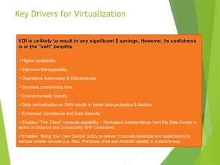 Key Drivers for Virtualization
VDI is unlikely to result in any significant $ savings. However, its usefulness
is in the "soft" benefits
Higher availability
Improves Manageability
Operations Automation & Effectiveness
Shortens provisioning time.
Environmentally friendly
Data centralization on SAN results in better data protection & backup
Enhanced Compliance and Data Security
Enables “Thin Client” compute capability – Workplace independence from the Data Center in
terms of distance and connectivity B/W constraints
Enables ‘Bring Your Own Device’ policy to deliver corporate desktops and applications to
various mobile devices (i.e. Mac, Windows, iPad and Android tablets) in a secure way.
 