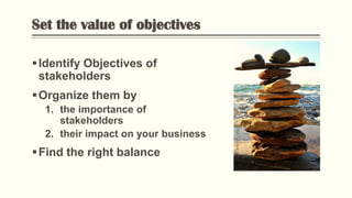 Set the value of objectives
Identify Objectives of
stakeholders
Organize them by
1. the importance of
stakeholders
2. their impact on your business
Find the right balance
PhotobyFlickr
 