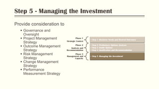 Step 5 - Managing the Investment
Provide consideration to
 Governance and
Oversight
 Project Management
Strategy
 Outcome Management
Strategy
 Risk Management
Strategy
 Change Management
Strategy
 Performance
Measurement Strategy
Phase 1
Strategic Context
• Step 1 Business Needs and Desired Outcomes
Phase 2
Analysis and
Recommendation
• Step 2 Preliminary Options Analysis
• Step 3 Viable Options
• Step 4 Justification and Recommendation
Phase 3
Management and
Capacity
• Step 5 Managing the Investment
 