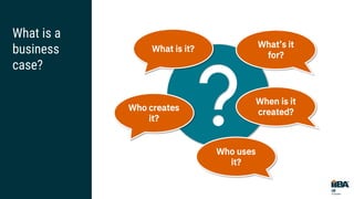 What is a
business
case?
What is it? What’s it
for?
Who creates
it?
When is it
created?
Who uses
it?
 