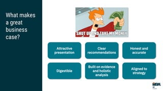 What makes
a great
business
case?
Attractive
presentation
Honest and
accurate
Digestible
Clear
recommendations
Built on evidence
and holistic
analysis
Aligned to
strategy
 