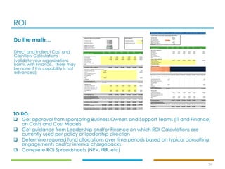 ROI
24
TO DO:
❑ Get approval from sponsoring Business Owners and Support Teams (IT and Finance)
on Costs and Cost Models
❑ Get guidance from Leadership and/or Finance on which ROI Calculations are
currently used per policy or leadership direction
❑ Determine required fund allocations over time periods based on typical consulting
engagements and/or internal chargebacks
❑ Complete ROI Spreadsheets (NPV, IRR, etc)
Do the math…
Direct and Indirect Cost and
Cashflow Calculations
(validate your organizations
norms with Finance. There may
be none if this capability is not
advanced)
 