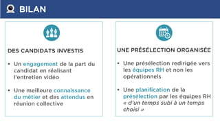 BILAN
DES CANDIDATS INVESTIS
 Un engagement de la part du
candidat en réalisant
l’entretien vidéo
 Une meilleure connaissance
du métier et des attendus en
réunion collective
UNE PRÉSÉLECTION ORGANISÉE
 Une présélection redirigée vers
les équipes RH et non les
opérationnels
 Une planification de la
présélection par les équipes RH
« d’un temps subi à un temps
choisi »
 