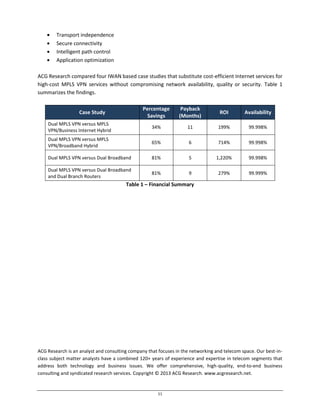 11
Transport independence
Secure connectivity
Intelligent path control
Application optimization
ACG Research compared four IWAN based case studies that substitute cost-efficient Internet services for
high-cost MPLS VPN services without compromising network availability, quality or security. Table 1
summarizes the findings.
Case Study
Percentage
Savings
Payback
(Months)
ROI Availability
Dual MPLS VPN versus MPLS
VPN/Business Internet Hybrid
34% 11 199% 99.998%
Dual MPLS VPN versus MPLS
VPN/Broadband Hybrid
65% 6 714% 99.998%
Dual MPLS VPN versus Dual Broadband 81% 5 1,220% 99.998%
Dual MPLS VPN versus Dual Broadband
and Dual Branch Routers
81% 9 279% 99.999%
Table 1 – Financial Summary
ACG Research is an analyst and consulting company that focuses in the networking and telecom space. Our best-in-
class subject matter analysts have a combined 120+ years of experience and expertise in telecom segments that
address both technology and business issues. We offer comprehensive, high-quality, end-to-end business
consulting and syndicated research services. Copyright © 2013 ACG Research. www.acgresearch.net.
 