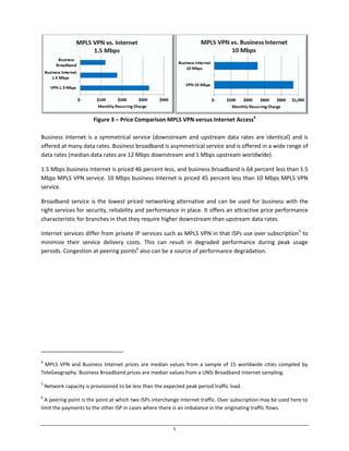 5
Figure 3 – Price Comparison MPLS VPN versus Internet Access4
Business Internet is a symmetrical service (downstream and upstream data rates are identical) and is
offered at many data rates. Business broadband is asymmetrical service and is offered in a wide range of
data rates (median data rates are 12 Mbps downstream and 1 Mbps upstream worldwide).
1.5 Mbps business Internet is priced 46 percent less, and business broadband is 64 percent less than 1.5
Mbps MPLS VPN service. 10 Mbps business Internet is priced 45 percent less than 10 Mbps MPLS VPN
service.
Broadband service is the lowest priced networking alternative and can be used for business with the
right services for security, reliability and performance in place. It offers an attractive price performance
characteristic for branches in that they require higher downstream than upstream data rates.
Internet services differ from private IP services such as MPLS VPN in that ISPs use over subscription5
to
minimize their service delivery costs. This can result in degraded performance during peak usage
periods. Congestion at peering points6
also can be a source of performance degradation.
4
MPLS VPN and Business Internet prices are median values from a sample of 15 worldwide cities compiled by
TeleGeography. Business Broadband prices are median values from a UNSi Broadband Internet sampling.
5
Network capacity is provisioned to be less than the expected peak period traffic load.
6
A peering point is the point at which two ISPs interchange Internet traffic. Over subscription may be used here to
limit the payments to the other ISP in cases where there is an imbalance in the originating traffic flows.
 