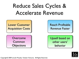 Reduce Sales Cycles &
                   Accelerate Revenue
          Lower Customer                                                  Reach Profitable
          Acquisition Costs                                               Revenue Faster


                 Overcome                                                 Upsell based on
                 Common                                                    other users’
                 Objections                                                  behavior


Copyright© 2009 Lincoln Murphy / Sixteen Ventures. All Rights Reserved.
 