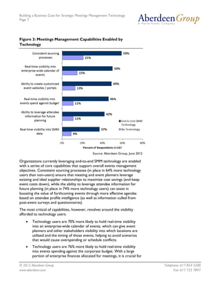 Building a Business Case for Strategic Meetings Management Technology
Page 7




Figure 3: Meetings Management Capabilities Enabled by
Technology




                                               Source: Aberdeen Group, June 2012

Organizations currently leveraging end-to-end SMM technology are enabled
with a series of core capabilities that support overall events management
objectives. Consistent sourcing processes (in place in 64% more technology
users than non-users) ensure that meeting and event planners leverage
existing and ideal supplier relationships to maximize cost savings (and keep
event costs down), while the ability to leverage attendee information for
future planning (in place in 74% more technology users) can assist in
boosting the value of forthcoming events through more effective agendas
based on attendee profile intelligence (as well as information culled from
post-event surveys and questionnaires).
The most critical of capabilities, however, revolves around the visibility
afforded to technology users:
       Technology users are 70% more likely to hold real-time visibility
        into an enterprise-wide calendar of events, which can give event
        planners and other stakeholders visibility into which locations are
        utilized and the timing of those events, helping to avoid scenarios
        that would cause overspending or schedule conflicts.
       Technology users are 76% more likely to hold real-time visibility
        into events spending against the corporate budget. With a large
        portion of enterprise finances allocated for meetings, it is crucial for

© 2012 Aberdeen Group.                                                             Telephone: 617 854 5200
www.aberdeen.com                                                                         Fax: 617 723 7897
 