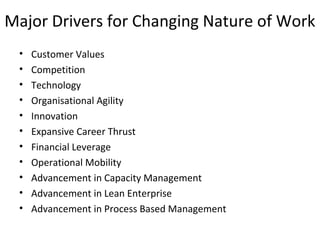 Major Drivers for Changing Nature of Work
• Customer Values
• Competition
• Technology
• Organisational Agility
• Innovation
• Expansive Career Thrust
• Financial Leverage
• Operational Mobility
• Advancement in Capacity Management
• Advancement in Lean Enterprise
• Advancement in Process Based Management
 