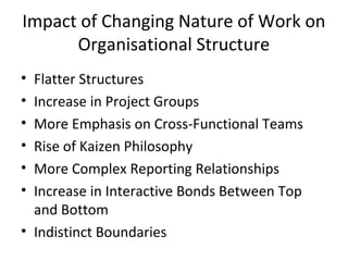 Impact of Changing Nature of Work on
Organisational Structure
• Flatter Structures
• Increase in Project Groups
• More Emphasis on Cross-Functional Teams
• Rise of Kaizen Philosophy
• More Complex Reporting Relationships
• Increase in Interactive Bonds Between Top
and Bottom
• Indistinct Boundaries
 