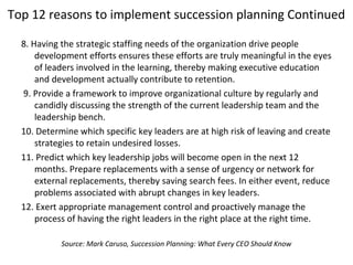 Top 12 reasons to implement succession planning Continued
8. Having the strategic staffing needs of the organization drive people
development efforts ensures these efforts are truly meaningful in the eyes
of leaders involved in the learning, thereby making executive education
and development actually contribute to retention.
9. Provide a framework to improve organizational culture by regularly and
candidly discussing the strength of the current leadership team and the
leadership bench.
10. Determine which specific key leaders are at high risk of leaving and create
strategies to retain undesired losses.
11. Predict which key leadership jobs will become open in the next 12
months. Prepare replacements with a sense of urgency or network for
external replacements, thereby saving search fees. In either event, reduce
problems associated with abrupt changes in key leaders.
12. Exert appropriate management control and proactively manage the
process of having the right leaders in the right place at the right time.
Source: Mark Caruso, Succession Planning: What Every CEO Should Know
 