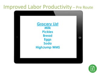 Thank You!
Grocery List
Milk
Pickles
Bread
Eggs
Soda
HighJump WMS
Improved Labor Productivity – Pre Route
 