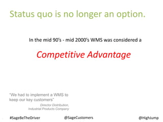 In the mid 90’s - mid 2000’s WMS was considered a
“We had to implement a WMS to
keep our key customers”
Director Distribution,
Industrial Products Company
Competitive Advantage
9 @SageCustomers#SageBeTheDriver @HighJump
Status quo is no longer an option.
 