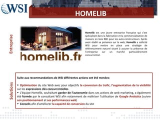 HOMELIB
Suite aux recommandations de WSI différentes actions ont été menées:
► Optimisation du site Web avec pour objectifs la conversion du trafic, l’augmentation de la visibilité
sur les expressions clés concurrentielles
► L’équipe Homelib, souhaitant garder de l’autonomie dans ses actions de web marketing, a également
été formée par le consultant WSI afin notamment de maîtriser l’utilisation de Google Analytics (suivre
son positionnement et ses performances web)
► Conseils afin d’améliorer la capacité de conversion du site
Homelib est une jeune entreprise française qui s’est
spécialisée dans la fabrication et la commercialisation de
maisons en bois BBC pour les auto-constructeurs. Après
avoir établi sa présence sur le web, Homelib a sollicité
WSI pour mettre en place une stratégie de
référencement naturel visant à assurer la présence de
l’entreprise sur un marché particulièrement
concurrentiel.
 